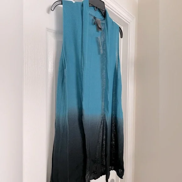 Bisou Bisou NWT lightweight open long sweater vest size Large in aqua blue ombre - Picture 2 of 5